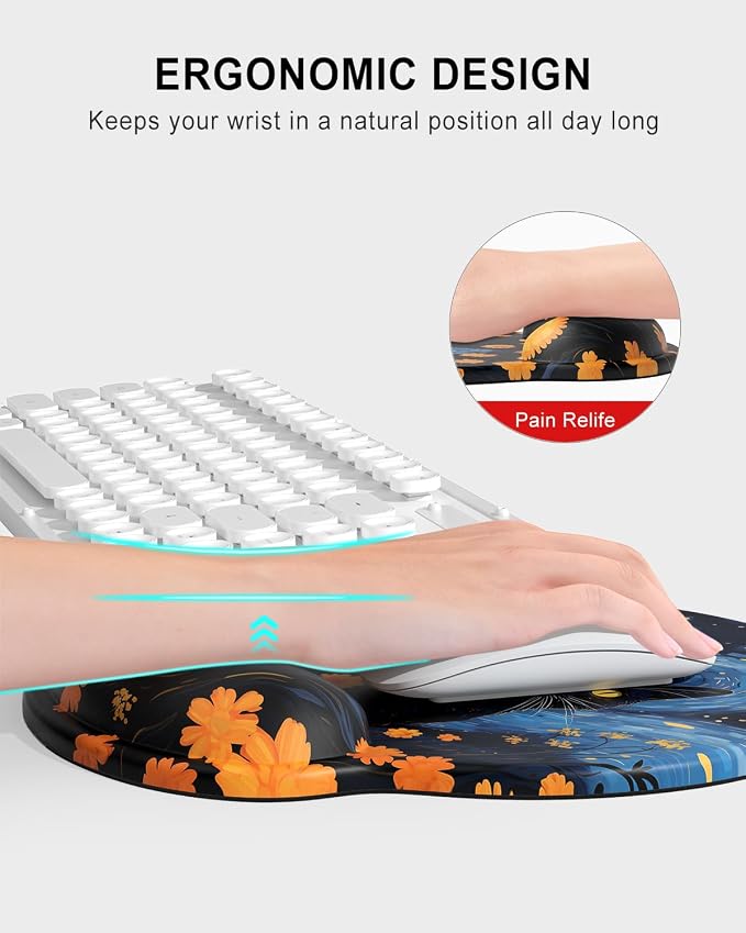 Auhoahsil Ergonomic Mouse Pad with Wrist Rest, Comfortable Silicone Non-Slip Computer Pain Relief Gel Mouse Mat with Wrist Support for Gaming, Work, Office, Women & Men, Cute Pattern, Star Cat