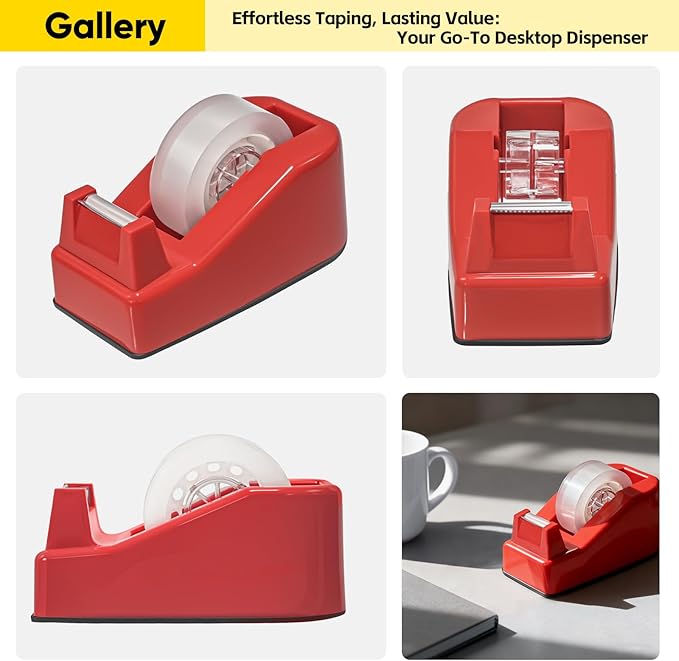 Desktop Office Tape Dispenser, Fits Standard 1-Inch Core Tapes, Weighted Base, Sharp Metal Blade, Smooth Cutting, Adhesive Roll Holder for Office, School, Shop, Home & Business - Red