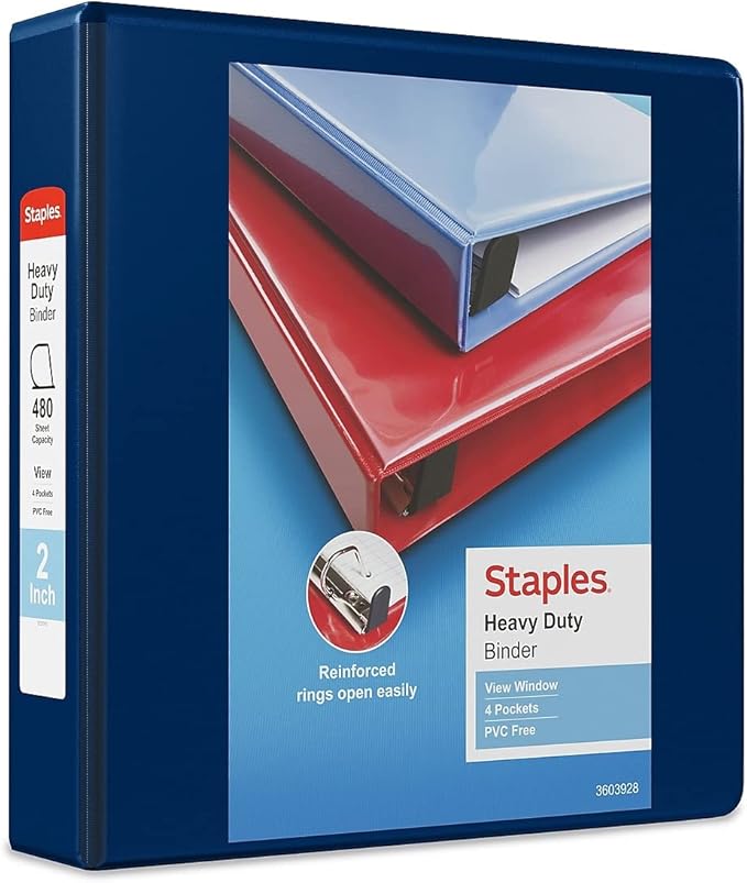 Staples Heavy‑Duty View Binder, 2" D‑Ring, Blue, Reinforced Spine, Durable 3‑Ring Binder for School, Office & Classroom Use