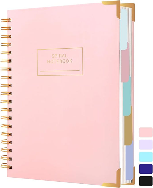 Yoment Hardcover Spiral Notebooks for Work School, B5 Journal Notebook with Tabs Dividers, Multi 5 Subject Notebook College Ruled, 240 Pages Lined Journal for Women, Pink