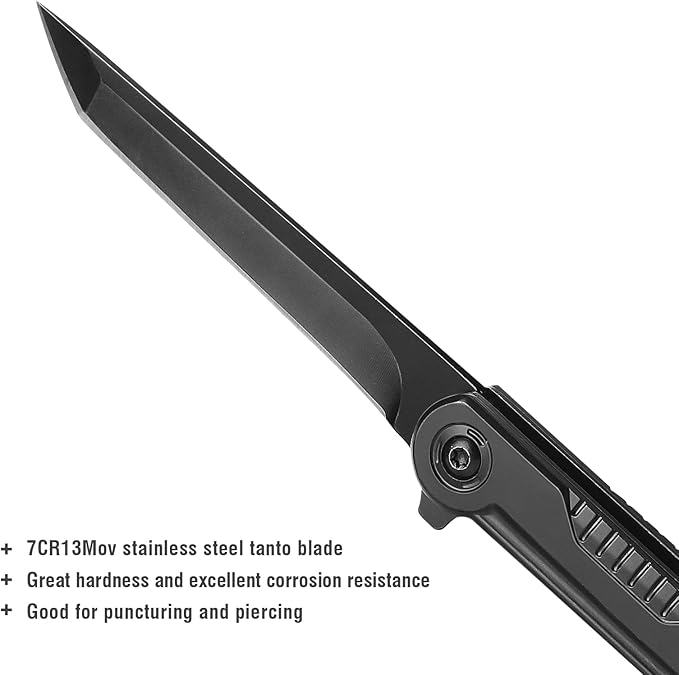 EDC Pocket Knife - 7CR13Mov Steel Tanto Blade, Slim Survival Knife with Clip and Liner Lock, Window Breaker for Outdoor Camping- Stocking stuffer Gifts for Men Women
