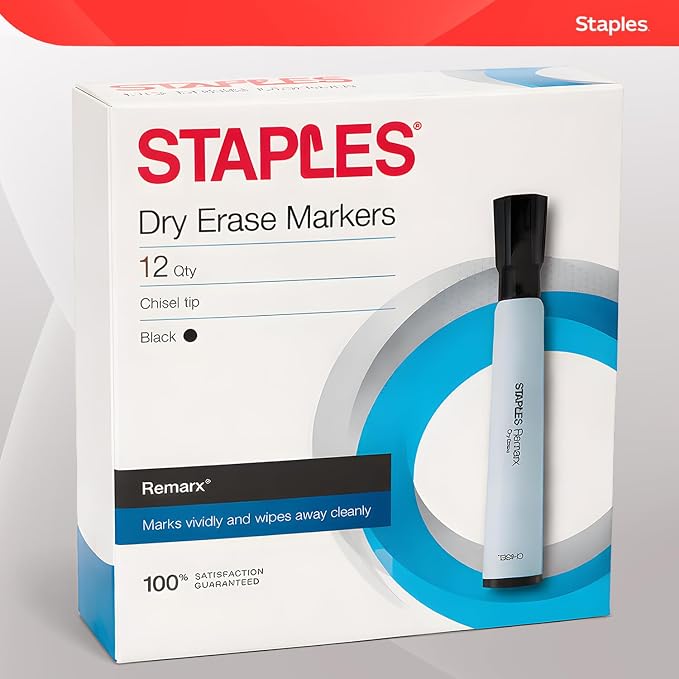 Staples Remarx Low Odor Dry Erase Markers, Chisel Tip, Black, 12-Pk | Bold whiteboard markers for office, classroom, and meeting room use.