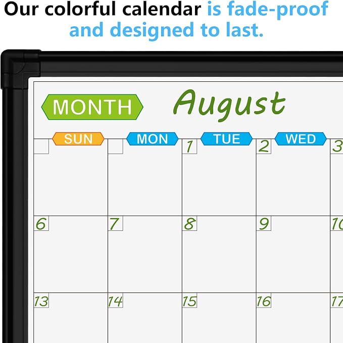 Magnetic Calendar Whiteboard & Bulletin Corkboard Combination, Combo Board 20 x 28 Inch, Black Aluminum Frame Wall Mounted Board for Office Home and School with 10 Push Pins