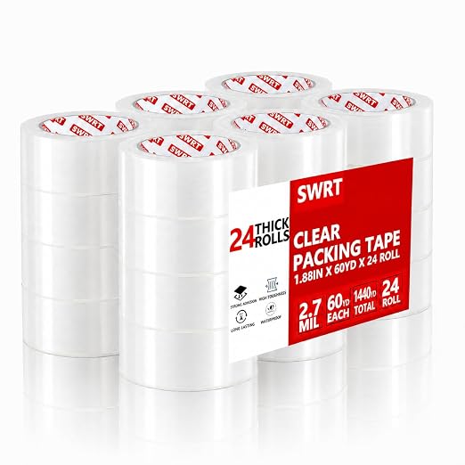 SWRT Heavy Duty Packing Tape, 24 Rolls,Clear, 2.7Mil, 1.8IN x 60YD | Strong Adhesive, Shipping Tape Use For Packing Moving Sealing Mailing Binding.Suitable for Warehouses Moving Companies.
