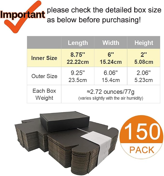 150 Pack 9x6x2'' Small Shipping Boxes, Corrugated Cardboard Mailers for Business, Black (CM962B-150)