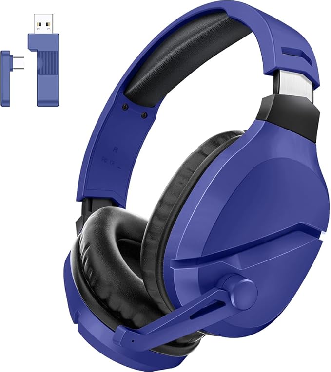Wireless Gaming Headset with Noise Canceling Microphone for PS5, PC, PS4, 2.4G/Bluetooth Gaming Headphones with USB and Type-c Connector, Wired Mode for Controller - Navy Blue