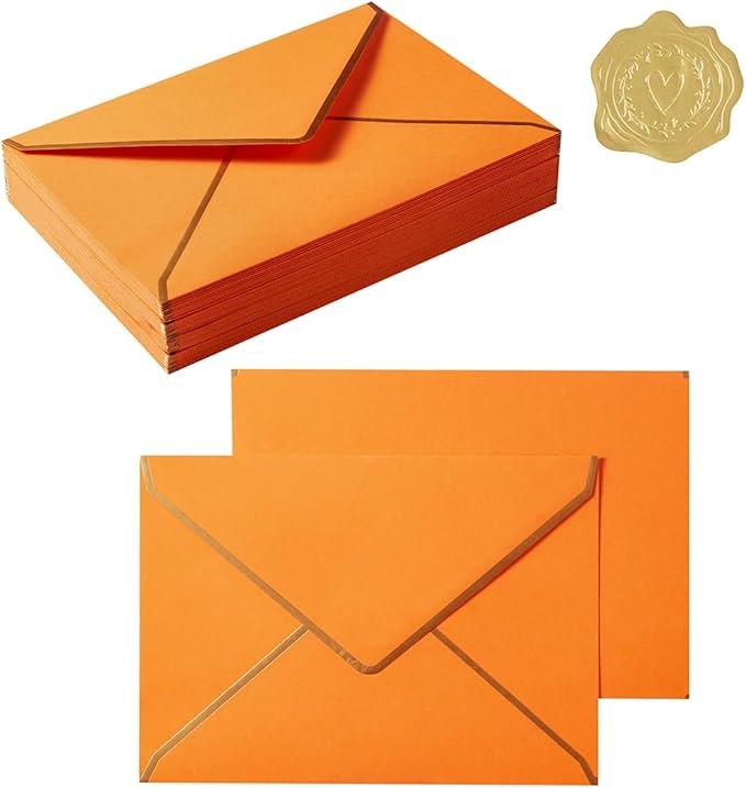 50 Pieces A7 Envelopes with Gold Border, 5.24 x 7.21 Inches Envelopes with Gold Stickers for Greeting Cards and Invitation (Dark Orange, A7-5x7)
