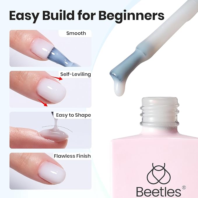 Beetles Builder Gel for Nails 2Pcs, 7 in 1 Clear & Jelly White Building Gel Set HEMA-FREE&TPO FREE with Nail Brush, for Strengthening Natural Nail Apex & Extension DIY Salon at Home,UV LED Lamp Cured