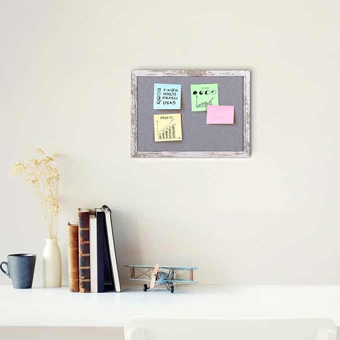 Gray Felt Bulletin Board, 14.2x10.2 inches Decorative Hanging Bulletin Boards for Walls with White Rustic Wood Frame, Pin Board Vision Board for Office Home School with Pins (2636,WH,2pc)