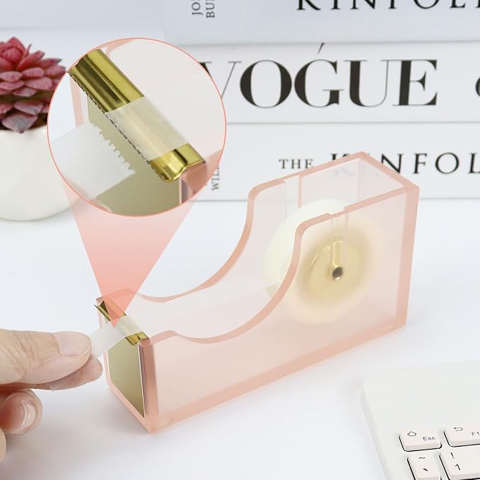 MultiBey Acrylic Pink Tape Dispenser for Desk with 1 Roll Tape, Cute | Heavy Duty Nonslip Base Tape Cutter Holder with 1 Roll Tape | Aesthetic Clear Acrylic Desk Organizer for Office & Home