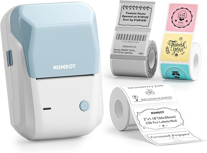 NIIMBOT B1 Label Maker with Tapes Set, 2 Inch Thermal Printer, Sky Blue | Labeling for Home Office School Small Business, Crafts, Retail,Support Smartphones & PC,Come With 3 Rolls Tapes