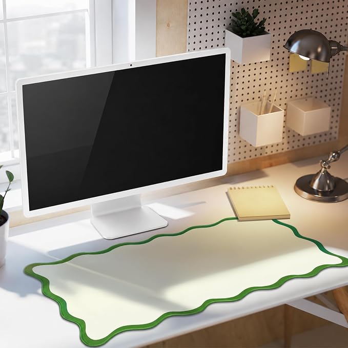 Hahafelt Scalloped Desk Mat Waterproof,Green,31.5 X 15.8 Inches | Coquette Preppy Style for School Office Makeup Vanity, Nonslip Gaming Desktop Protector with Scalloped Stitched Edge Mat