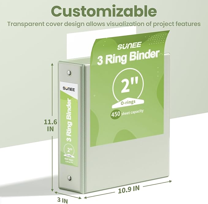 SUNEE 3 Ring Binder 2 Inch 2 Pack, Clear View Three Ring PVC-Free (Fit 8.5x11 Inches) for School or Office Supplies, Sage Green