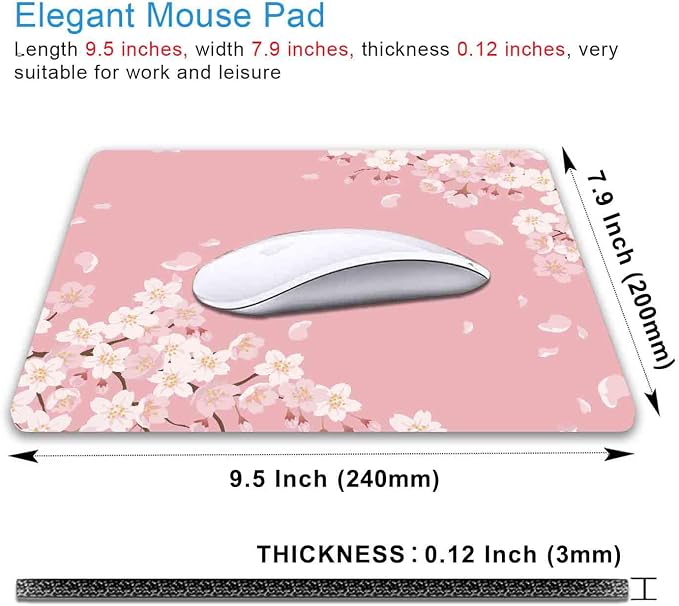 Cute Pink Mouse Pad, Floral Flowers Mouse Pad, Sakura Cherry Blossom Mousepad, Japanese Aesthetic Desk Decor, Anti Slip Rubber Base Mice pad for Computer Office Girl, 9.5 x 7.9 Inch