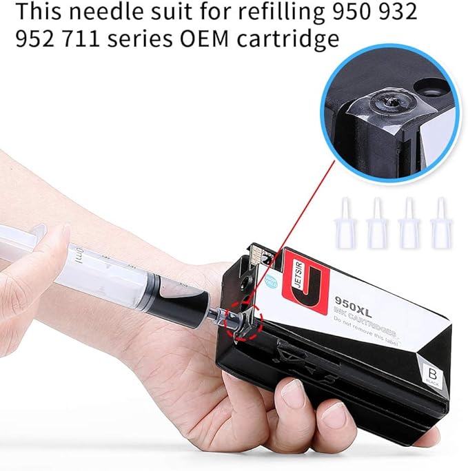 4 Color Ink Refill kit for HP 950 951 932 933 60 61 952 902 901 62 63 21 22 920 940 934 564 711 970 971 94 95 96 Ink Cartridge (2 Black 1 Cyan 1 Magenta 1 Yellow) 100ML x5 Bottle with Syringe