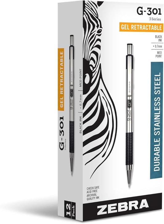 Zebra Pen G-301 Retractable Gel Pen, 0.7mm Medium Point, Stainless Steel Barrel, Textured Grip, Easy Glide Ink Provides a Smooth and Skipless Writing Experience, Black Ink, 12-Pack (41310)