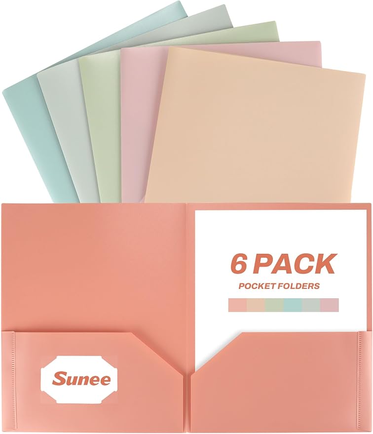 SUNEE Folders with Pockets (6 Pack, Vintage Colors), Plastic Folders with Pocket, Poly Folder for Documents Letter Size, 2 Pocket Folder for Kids, Home, School, Office