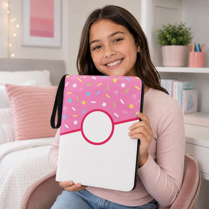 9 Pocket Card Binder 900 Card Holder Album, Pink Donut Trading Cards Holder Zipper Binder for Girl Teen Collection (Pink Donut, 900 Pocket)