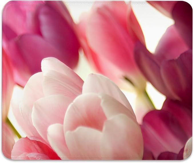 Floral Mouse Pad, Close-up of Pink and White Tulips Flowers Desk Mat | Cute Mousepad Stitched, Anti-Slip Base Smooth Surface, 9.5 x 7.9 Inches