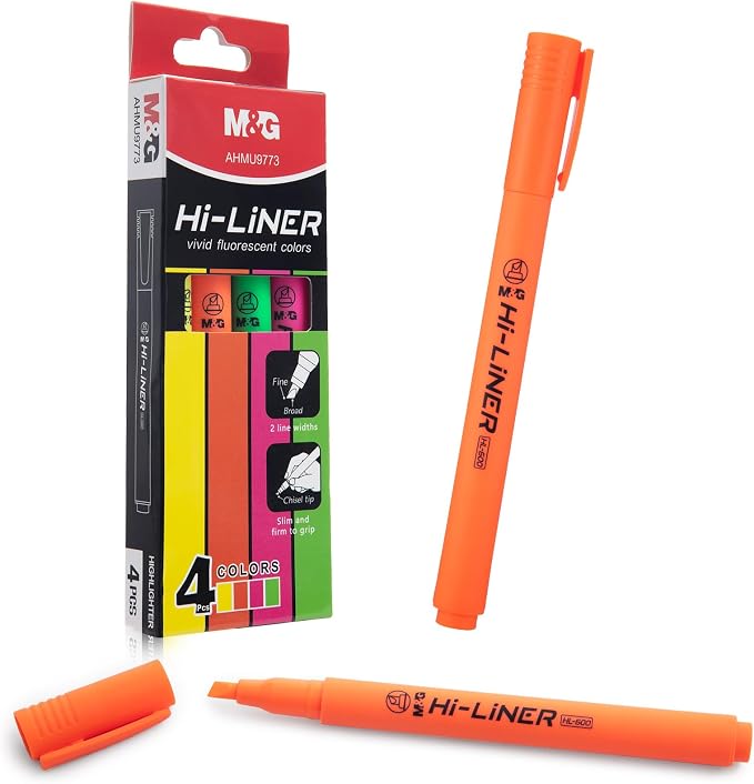 M&G Liner Highlighters, 4-Count MultiColor Highlighters, Chisel Tip No Bleed Highlighter Pens for Office Documents, Planning, and Everyday Organization