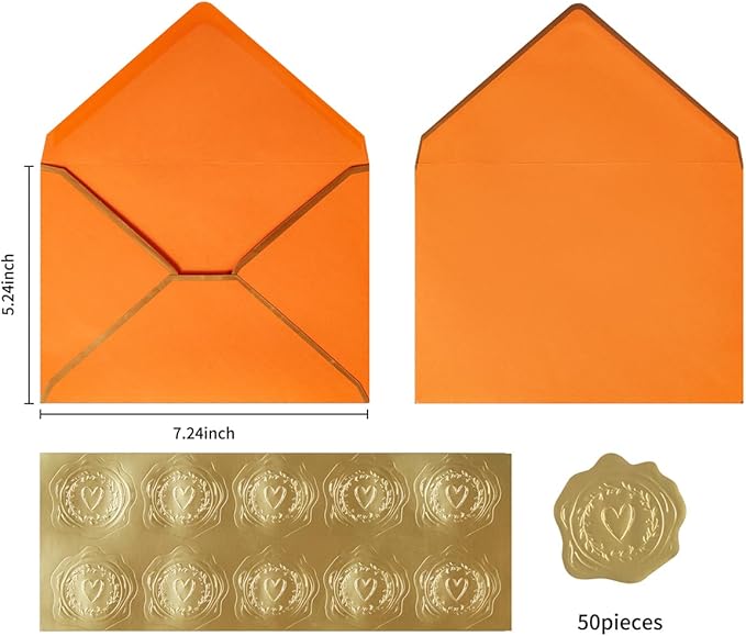 50 Pieces A7 Envelopes with Gold Border, 5.24 x 7.21 Inches Envelopes with Gold Stickers for Greeting Cards and Invitation (Dark Orange, A7-5x7)