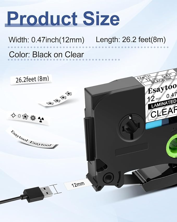 5 X Compatible with P-Touch TZe-131 AZE-131 TZ-131 Black on Clear 12mm 0.47'' Laminated Label Tape Replacement for Ptouch PT-H100 PT-D200 PT-P700 PT-1000 PT-2030 Label Maker