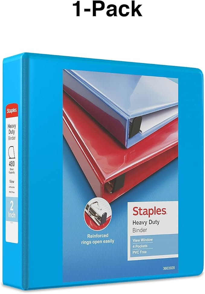 Staples Heavy-Duty 2-Inch D-Ring View Binder, Reinforced Spine, Holds Up to 450 Sheets, Light Blue, for Office & School