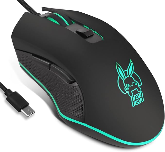 IULONEE USB Type C Wired Mouse 2400 DPI Gaming Mice for Office Home Black | Wired Mouse Ergonomic 7 Backlight 6 Buttons Silent Compatible with Windows PC, Laptop, Computer and More USB Type C Devices