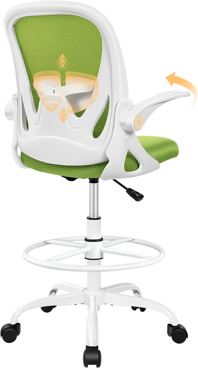 Drafting Chair Tall Office Chair with Flip-up Armrests Executive Ergonomic Computer Standing Desk Chair with Lumbar Support and Adjustable Footrest Ring (Green)