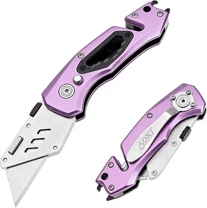 Utility Knife Folding Safety Lock Quick Change with 10 Extra SK5 Replacement Blade Lightweight Aluminum Handle & Pocket Clip Multi-Use Box Cutter Office Home Art Diy Great Gift Choice (UPG.V.Purple)