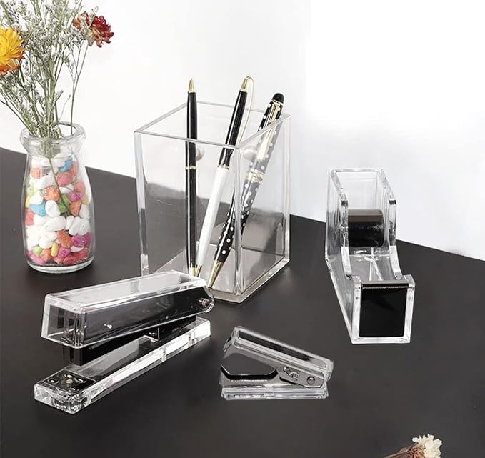 Acrylic Black Tape Dispenser and Desktop Stapler, Includes Staple Remover, Tape, 1000pcs Staples - Cute Office Stapler Set for Modern Design Desk Accessory Kit