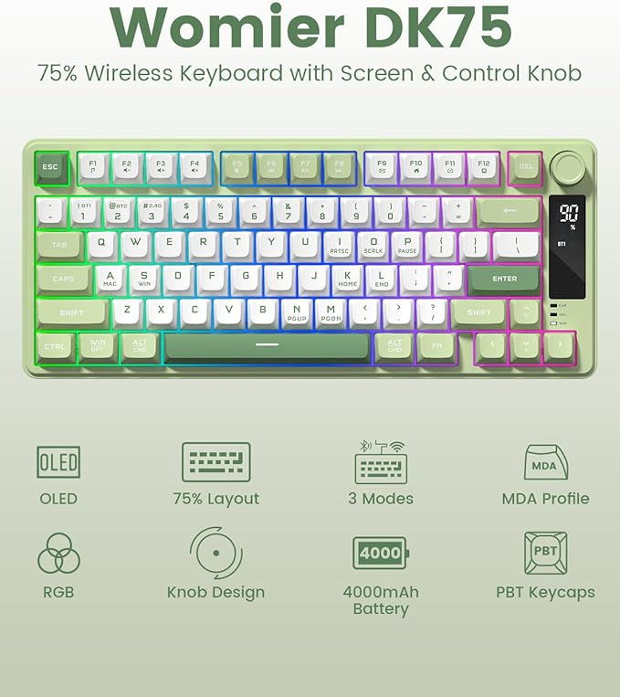 Womier DK75 75% Wireless Gaming Keyboard, RGB Backlit Creamy Keyboard with Multifunction Knob & Screen, Tri-Mode 2.4GHz/USB-C/BT5.0, Anti-Ghosting No-Conflict Silent Membrane Keyboard for MAC Windows