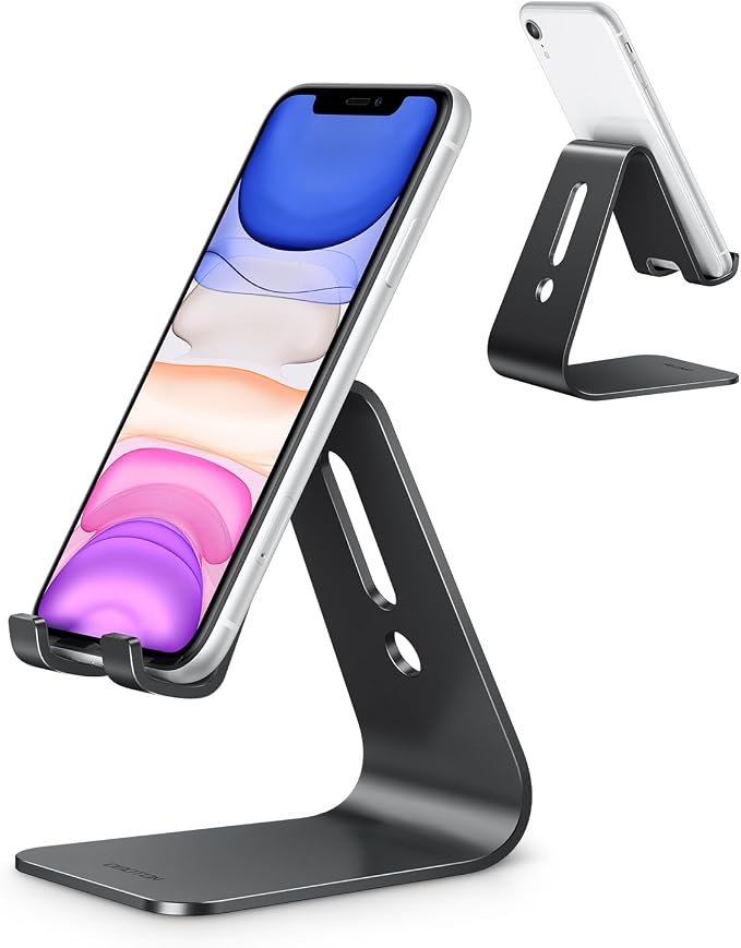 OMOTON C1 Upgraded Aluminum Cell Phone Stand for Desk, Durable Phone Dock | Protective Pads Cellphone Dock for iPhone 17/16/15/14/13 Pro Max Air, iPad mini, Android Smartphones - Black