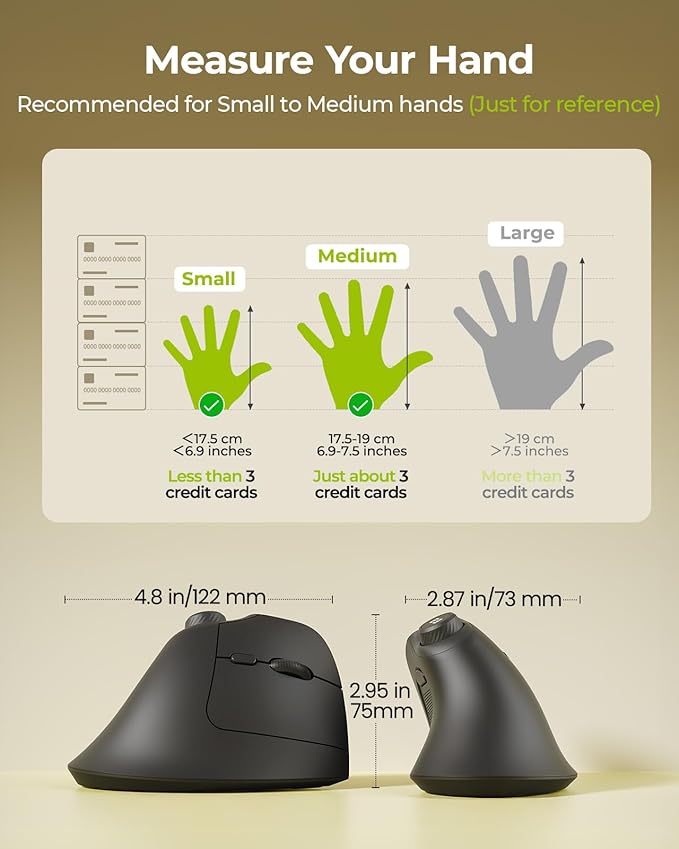 seenda Ergonomic Mouse Wireless, MOU-302 Bluetooth Vertical Mouse Rechargeable, Optical Mice with 1000/1600/2400 DPI, Volume Knob, 3 Multi-Device Connectivity for Computer/PC/Laptop/Mac, Black