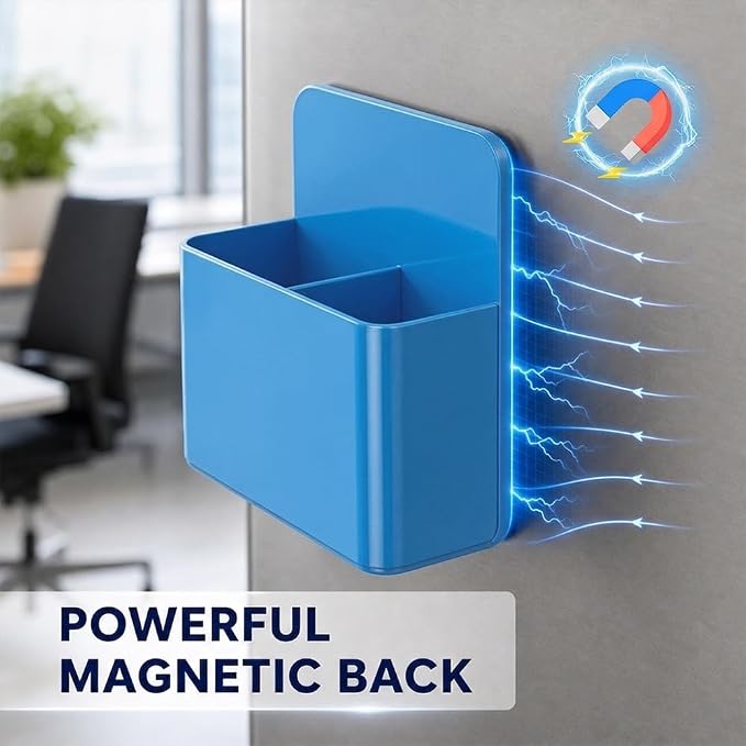 Magnetic Pencil Pen Holder, 2 PCS Dry Erase Marker Holder for Whiteboard, Blue Magnet Storage Pencil Cup Case Box Fridge Organizers Locker Accessories for Office School Classroom Teacher Must Haves