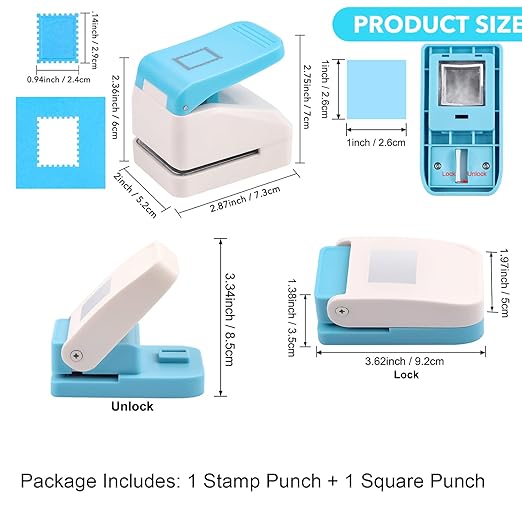 2 Pcs Paper Punch | 1 inch Square Punch | 1.1X0.9 inch Embossing Postage Stamp Shape Puncher | Square Stamp Hole Puncher | Portable Lever Craft Hole Punches for Crafting DIY Scrapbooking Projects
