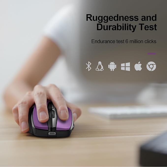 TECKNET Wireless Mouse, BT 5.0/2.4G, Rechargeable 6-DPI Silent, Purple | Bluetooth 5.0/3.0 & USB A, 2-Device Easy Switch, Wide OS Compatible, 6 Buttons, 6-DPI up to 4800, Ergonomic for S to M Hands