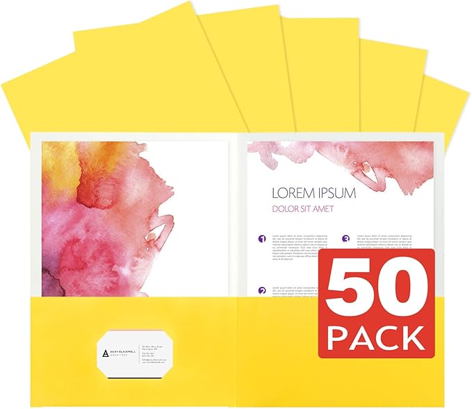 50Pcs Yellow with Pockets-2 Pocket Folders for Documents,Cute Paper Folders for Filing Cabinet,School,Office,Resume Portfolio