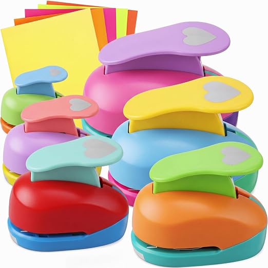 CHENGU 6 Pcs Heart Punch Set 3in/2in/1.5in/1in/0.6in/0.3in Scrapbook Hole Punchers Crafting with 10 Sticker Paper Heart Cutter Scrapbook for Office Supplies DIY Albums Photos(Multicolor)
