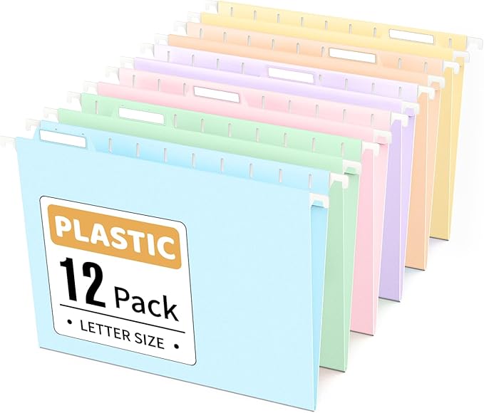 Sooez Tear-Resistant Plastic Hanging File Folders Letter Size, 12 Count File Organizer Suitable for File Cabinet Filing Cabinets, 1/6-cut Adjustable Tabs for Office, School, Pastels Colors, Blue