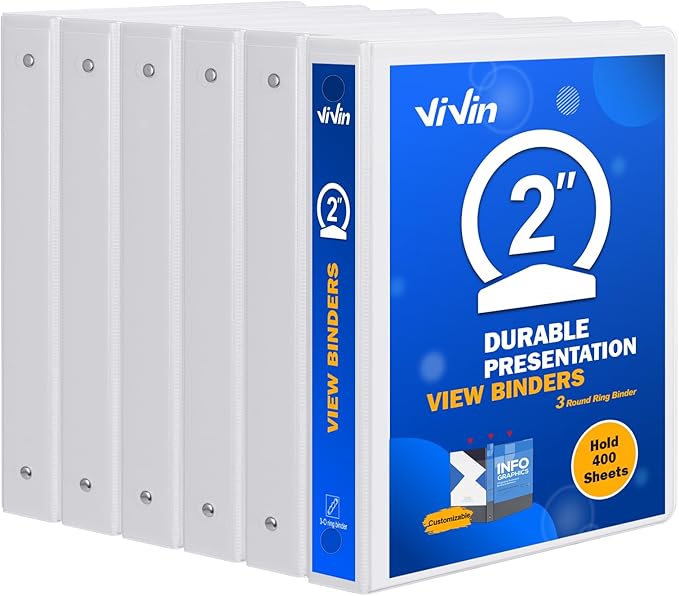 3 Ring Binder 2 Inch, ViVin Sturdy 2"-Round Ring Binder with 2 Interior Pockets, Clear View Cover, PVC-Free, Fits 400 Sheets of 8.5'' x 11'' Paper, Office Home School (6 Pack, White) | 2"-Round Ring Binder with Clear View Cover, PVC-Free, Fits 400 Shee...
