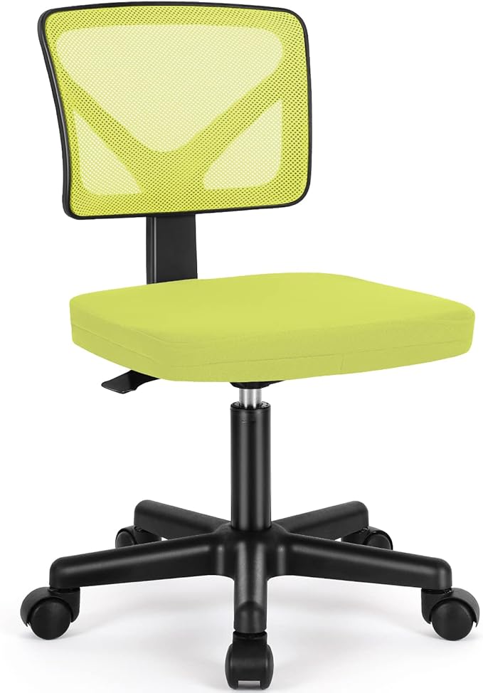 Sweetcrispy Small Armless Desk Chair, Mesh Rolling Office Chairs | Adjustable Ergonomic Lumbar Support, Low-Back, Swivel Wheels, Home Work, Bedroom, Study, Student, Adults, Green