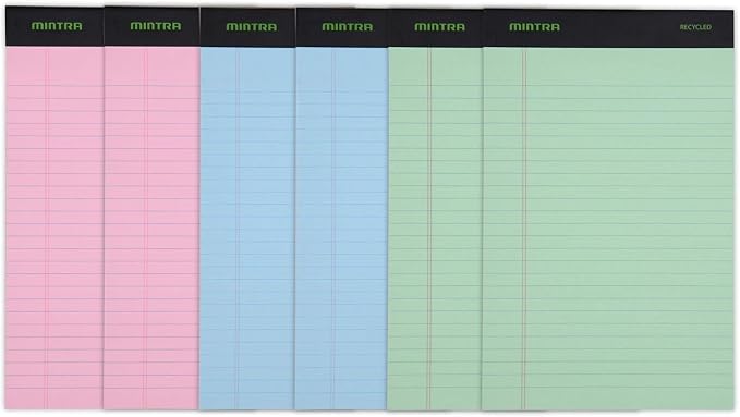 Mintra Office Colorful Legal Pads - Includes 2 Blue, 2 Pink, and, 2 Green Writing Pads, Micro Perforated Lined Sheets, Ideal for Professional & Personal Use, 5"x8" Narrow Ruled, 6 pack Pastel Set 3