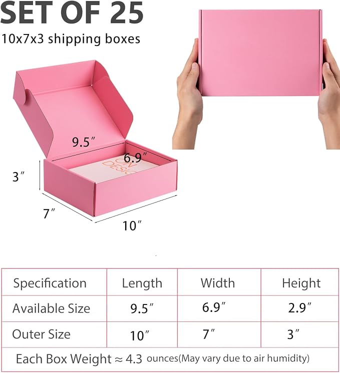 10x7x3 inch Pink Shipping Boxes for Small Business- Set of 25 | Sturdy ECT 32 Corrugated Cardboard Mailer Boxes, Easy Assemble for Packaging, Mailing, Gift