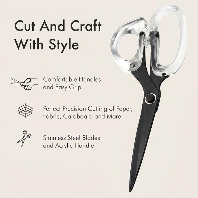 9” Stainless Steel Acrylic Scissors, Matt Black | Aesthetic and sharp all purpose scissors, Perfect for sewing, arts, and crafts, Stationery tools for office, and school