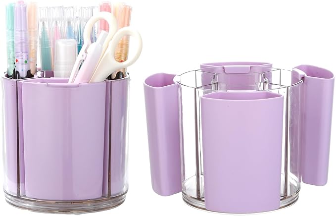 Comix 360° Rotating Pen Holder for Desk, Pencil Holder with 5 Slots, Cute Purple Plastic Desk Organizer for Home School Office Supplies
