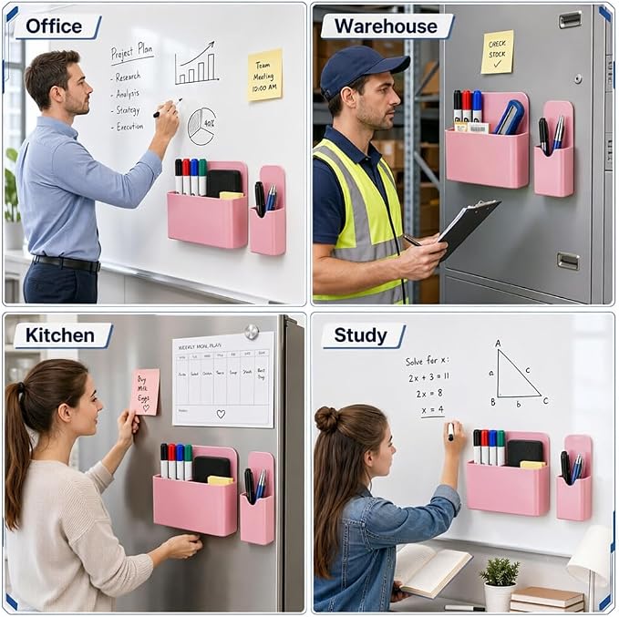 Magnetic Pen Holder, 2 Pack Magnetic Dry Erase Marker Holder with Compartments, Magnetic Marker Holder Pen Pencil Organizer for Whiteboard, Refrigerator, Classroom, Locker Accessories, Light Pink