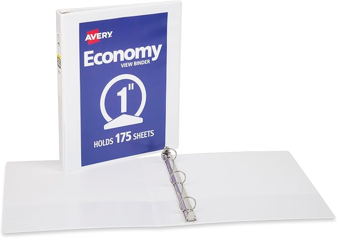 Avery Standard View 3 Ring Binder, 1" Round Rings, 175-Sheet Capacity, 1.4 Inch Wide Spine, 1 White Binder, Ideal for Lightweight Organization and Occasional Referencing (05760)