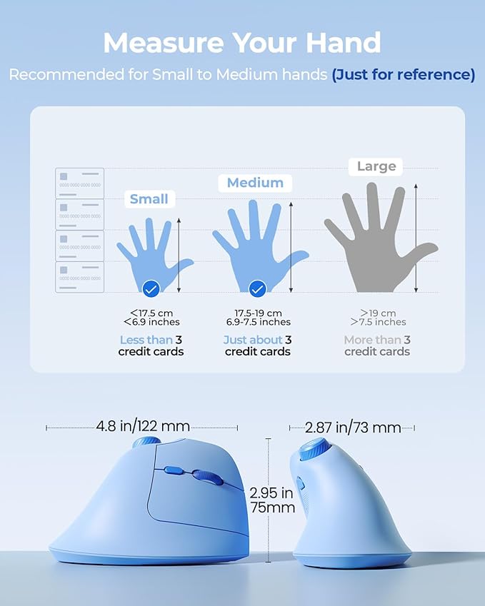 seenda Ergonomic Mouse Wireless, MOU-302 Bluetooth Vertical Mouse Rechargeable, Optical Mice with 1000/1600/2400 DPI, Volume Knob, 3 Multi-Device Connectivity for Computer/PC/Laptop/Mac, Blue