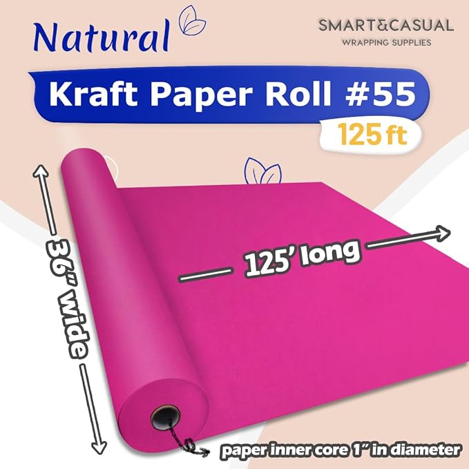 SMART&CASUAL 36" x 1,500" (125') Rose Red Kraft Craft Paper Roll for Gift Wrapping Bulletin Board Bouquet Flower Kids Art Packing Parcel Table Covering 80GSM 55LB (Rose Red, 36" x 125')